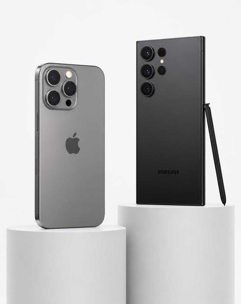 iPhone Pro and Samsung Galaxy Ultra on studio plinths